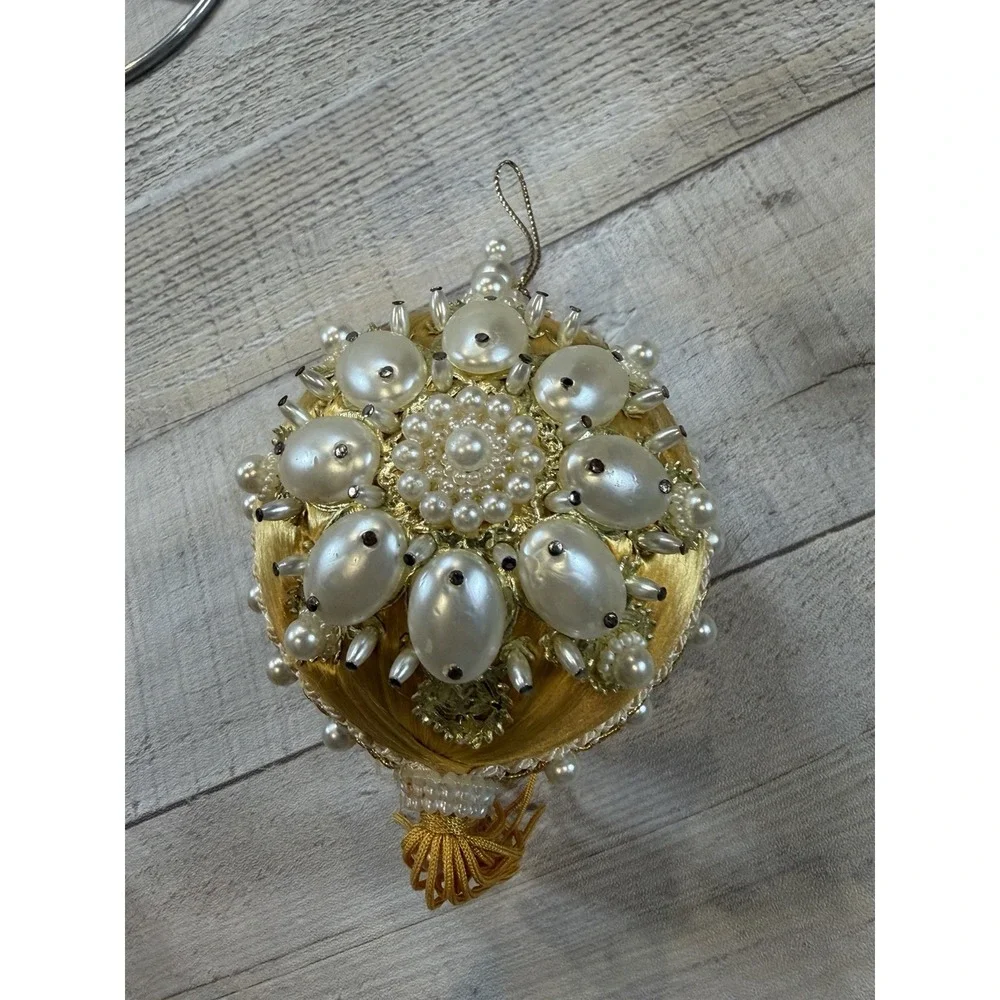 Set 2 Vintage Gold Satin Christmas Ornaments Faux Pearl Beaded Tassel Victorian